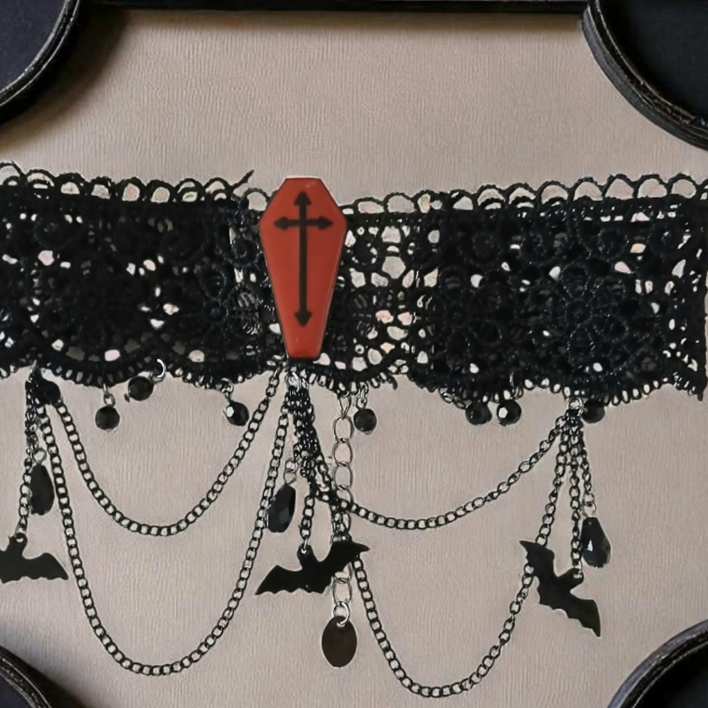 Gothic Black Lace Choker with Red Coffin Pendant - Picture 1 of 11